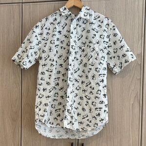 Men's White Short-Sleeve Button-Down Shirt with Black Graphic Print